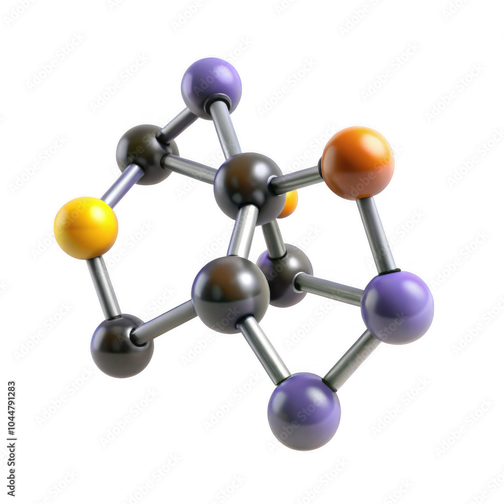 Poster a 3d representation of a molecular structure showcasing spherical atoms connected by bonds, colored 