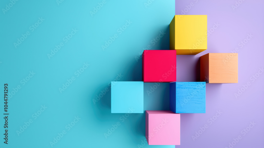 Poster colorful blocks arranged creatively on vibrant background, showcasing playful and modern design. thi