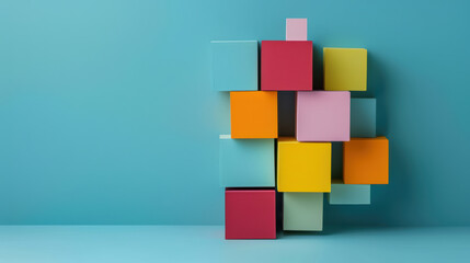 Colorful blocks arranged creatively against blue background, showcasing vibrant and modern design. This represents creativity and innovation in playful manner