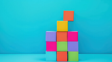 Colorful blocks arranged in playful design against bright blue background create vibrant and creative business concept. This evokes sense of fun and innovation