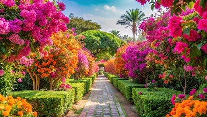 Obraz premium Vibrant bougainvillea flowers in a symmetrical garden