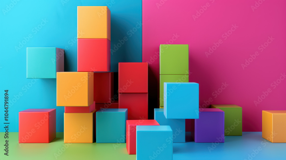 Poster colorful blocks are creatively arranged against vibrant blue and pink backgrounds, creating playful 