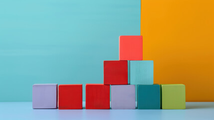 Fototapeta premium Colorful blocks arranged in creative stack against vibrant background, showcasing playful and artistic business concept. bright colors evoke sense of innovation and creativity