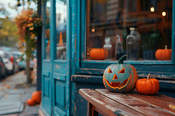 AI-generated photo with Halloween street outdoor decoration. On an autumn city background