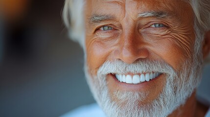 Dentist hygiene. Teeth whitening. Senior showing white teeth. Dental aged implant.