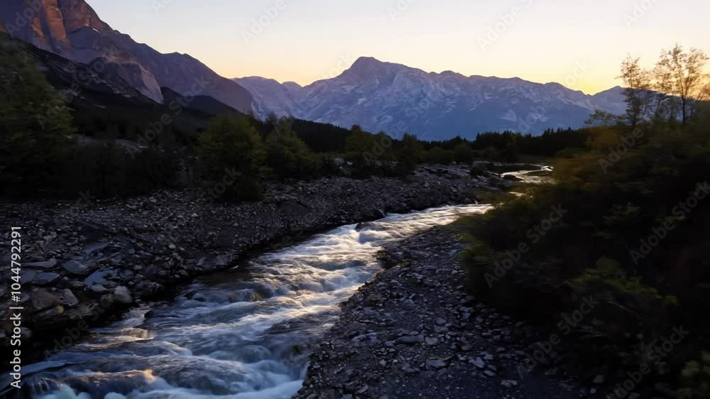 Aufkleber panning video of mountain streams at twilight. the stream flows gently with the setting sun casting 