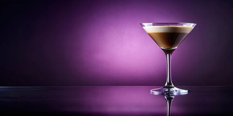 Vibrant coffee cocktail in martini glass on purple background reflected