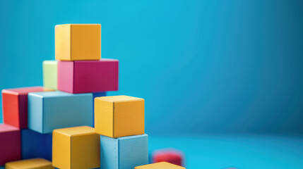 Obraz premium Colorful building blocks stacked against vibrant blue background create playful and creative atmosphere. These blocks symbolize creativity and imagination, perfect for educational or artistic themes
