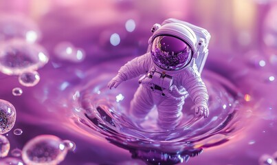 Astronaut in purple liquid with bubbles.
