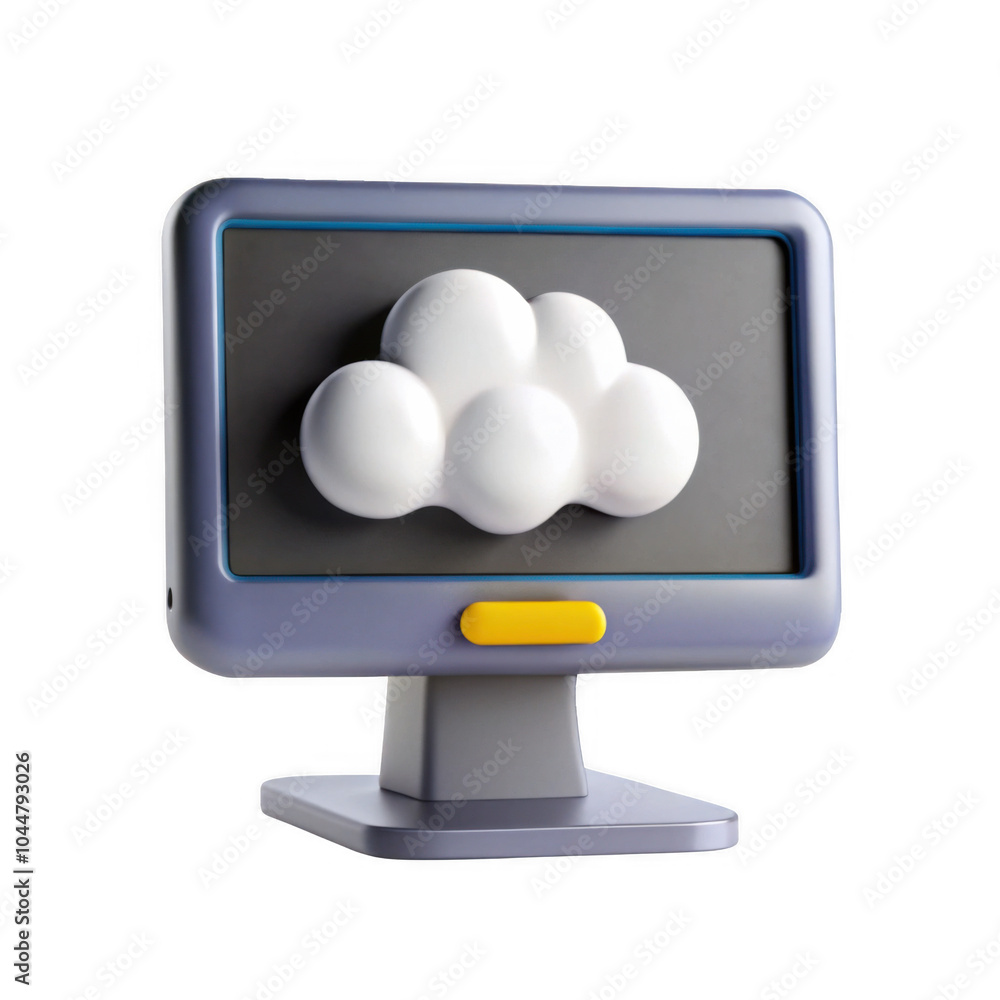 Poster a stylized 3d model of a computer monitor featuring a cloud icon on the screen, showcasing creative 