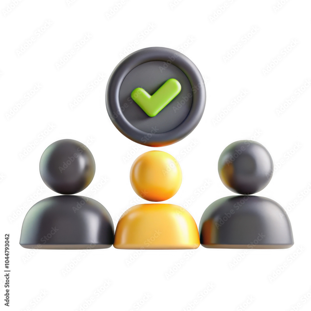 Poster an abstract 3d representation showcasing three figures in different colors with a green check mark a