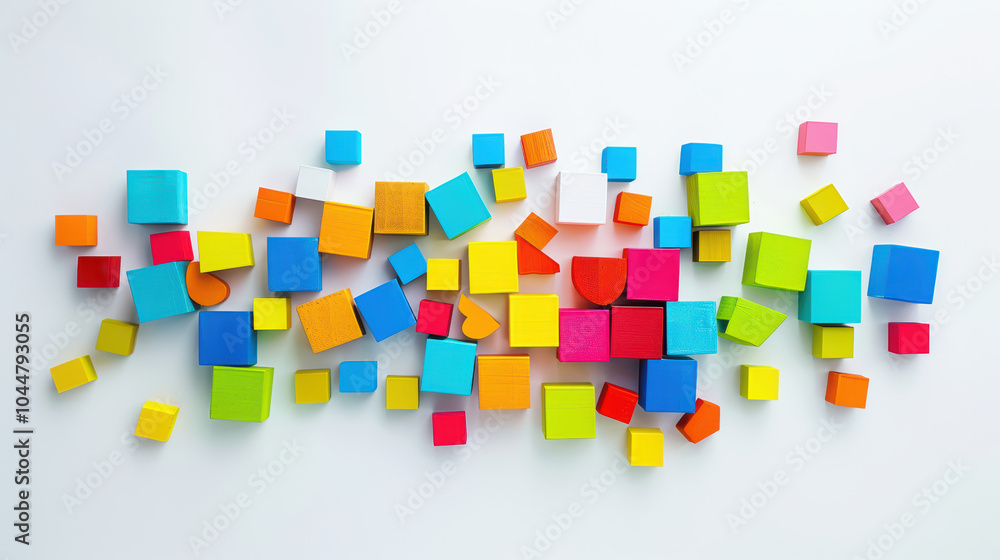 Poster colorful wooden blocks arranged in playful pattern, showcasing various shapes and sizes. this vibran