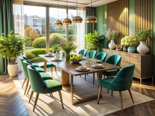Fototapeta premium Elegant Aerial Photography of a Serene Dining Space with Sleek Table and Stylish Chairs Highlighted by Natural Light