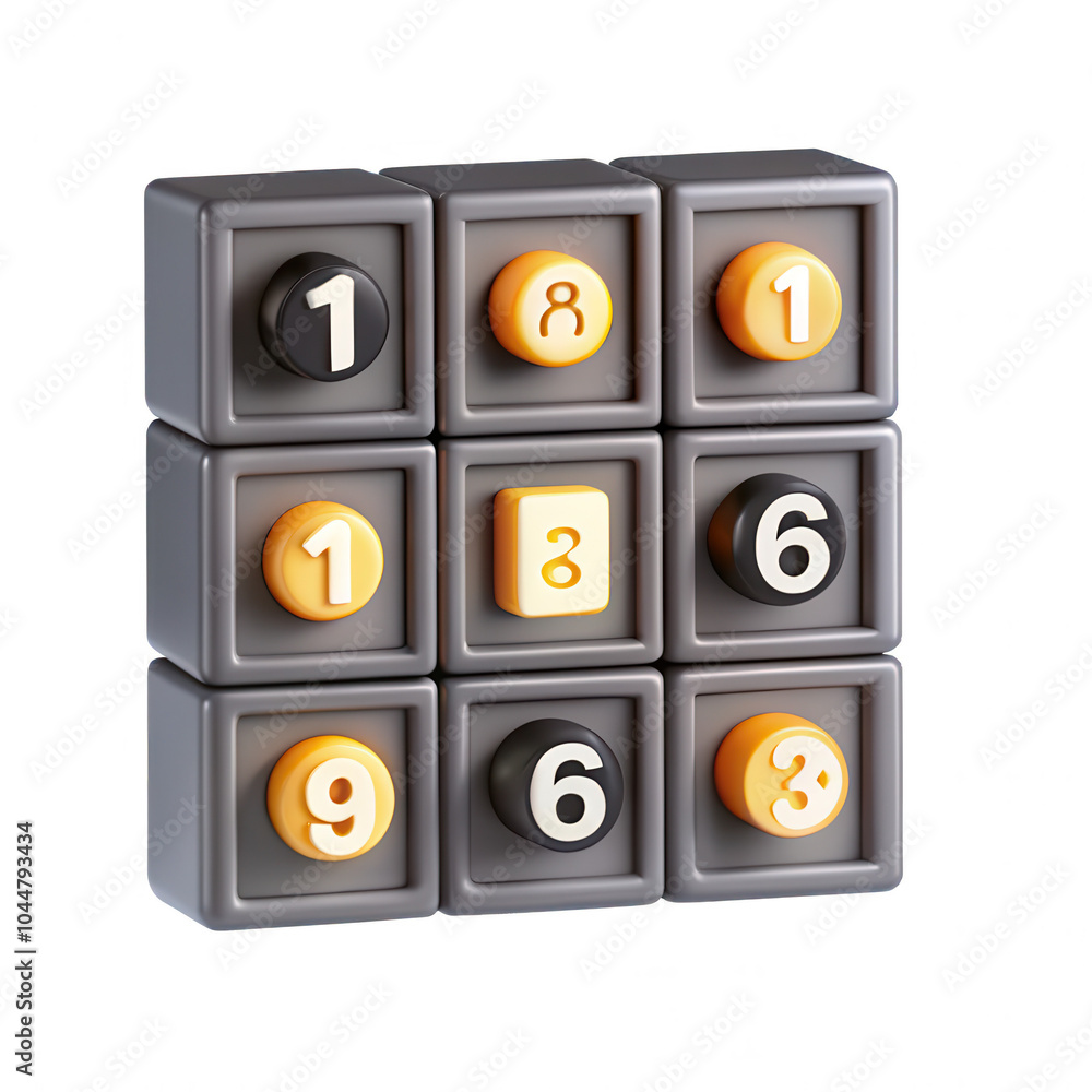 Poster a colorful 3d render of a number puzzle, featuring blocks with numbers. the blocks are arranged in a