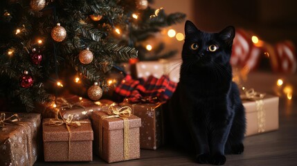 A black cat sitting next to a Christmas tree adorned with twinkling lights and ornaments