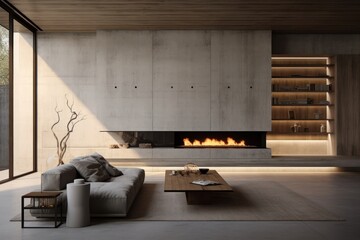 Concrete house luxurious modern interior architecture fireplace furniture. Image .