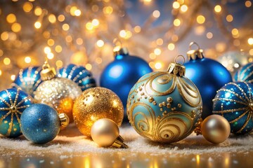Elegant Blue and Gold Christmas Ornaments Background for Festive Decor, Holiday Celebrations, and Stylish Seasonal Atmosphere