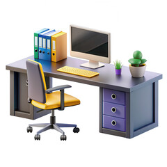 A modern office desk featuring a computer monitor, keyboard, files, and a potted plant, showcasing a clean and organized workspace.