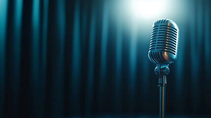 mic with stand on an empty stage, with spotlight at dark curtain background. for karaoke or sing competition, stand up comedy or talent show contest