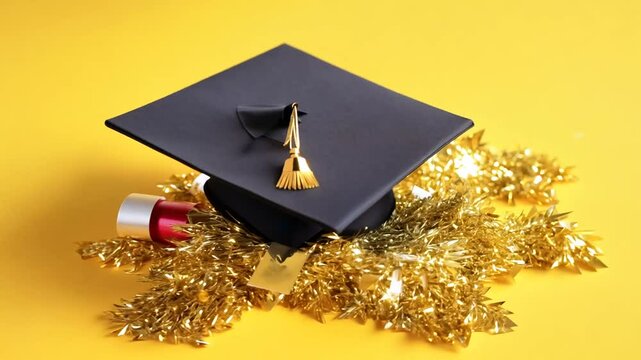 gold party student's background graduation diploma lay yellow tinsel flat arranged symbolizing composition hat The achievement ceremony education success university wisdom mortarboard tassel academic