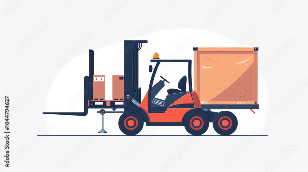 Poster modern forklift with large cargo box is depicted, showcasing its utility in warehouse operations. de