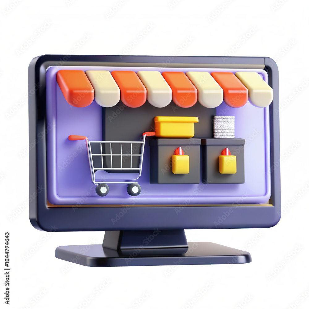 Poster a colorful 3d render of a shopping cart on a computer screen, depicting an online store interface wi