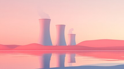 Obraz premium Three cooling towers with steam rising into the pink sky reflected in still water.