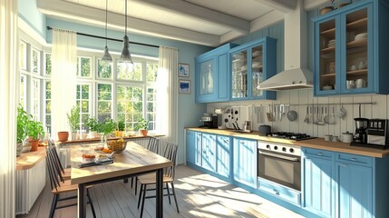 Panoramic view of contemporary wooden kitchen in white and blue tones. Dining table and appliances. Scandinavian boho interior design .