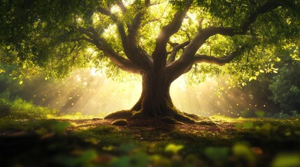 Fototapeta premium A majestic tree bathed in sunlight, surrounded by a serene forest atmosphere.