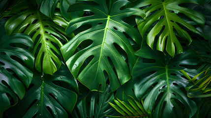 closeup tropical green leaf background. Flat lay, fresh wallpaper banner concept