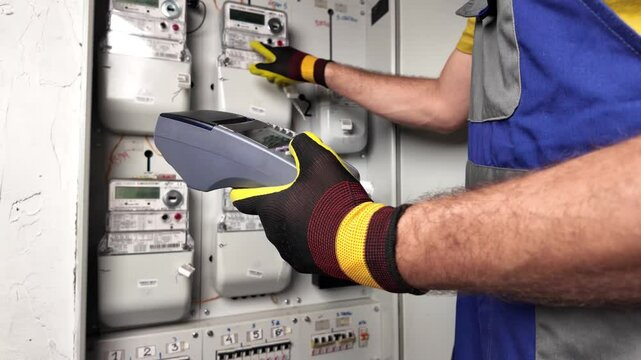 Technician reading power consumption on a wireless electricity power meter station in a building.	
