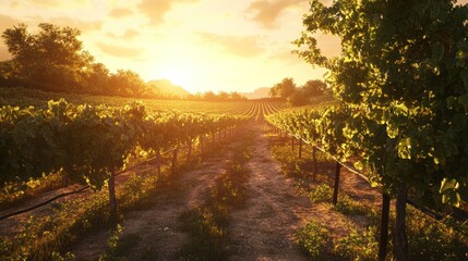 Naklejka premium A scenic vineyard at sunset, showcasing rows of grapevines and a tranquil atmosphere.