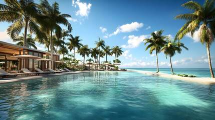 Fototapeta premium A luxurious beachfront resort with palm trees and crystal-clear water.