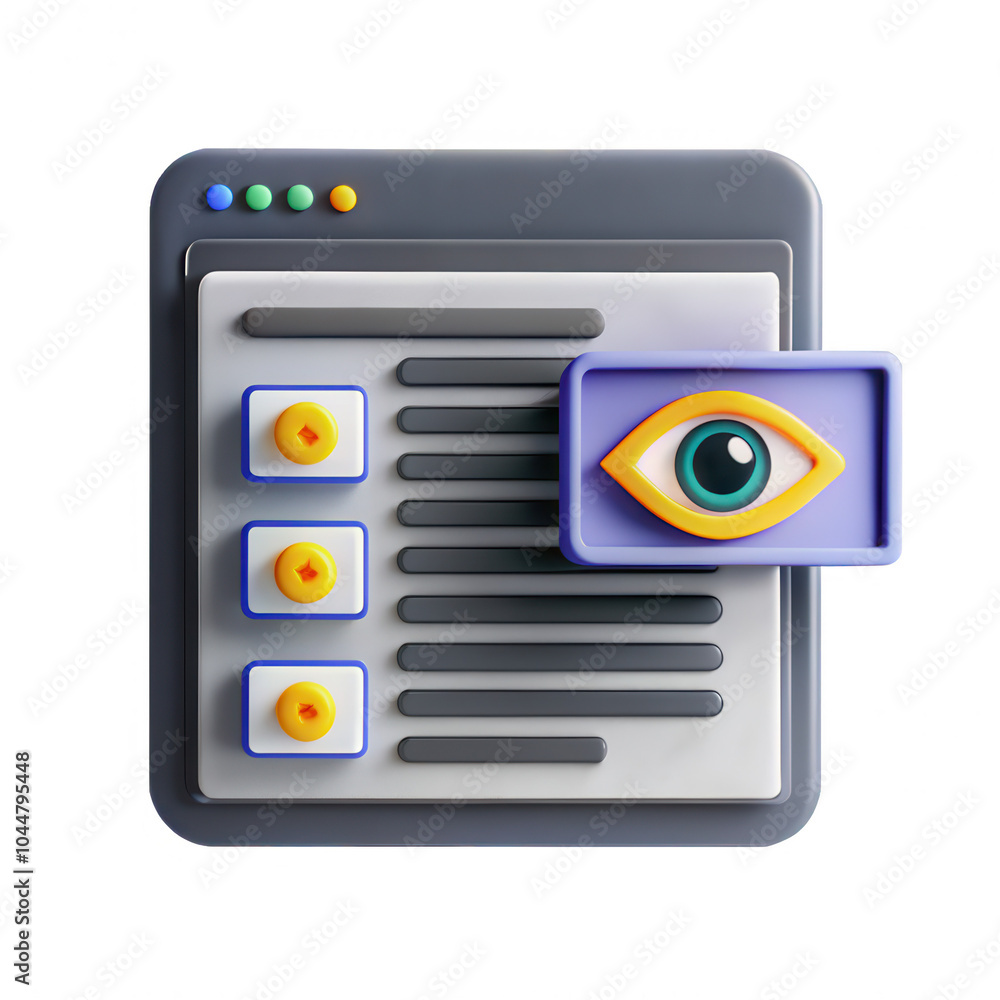 Poster a stylized 3d icon representing an eye with a unique design, placed in a graphic user interface sett