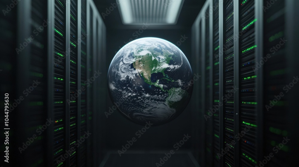 Aufkleber globe floating in a data center surrounded by server racks, dark environment.