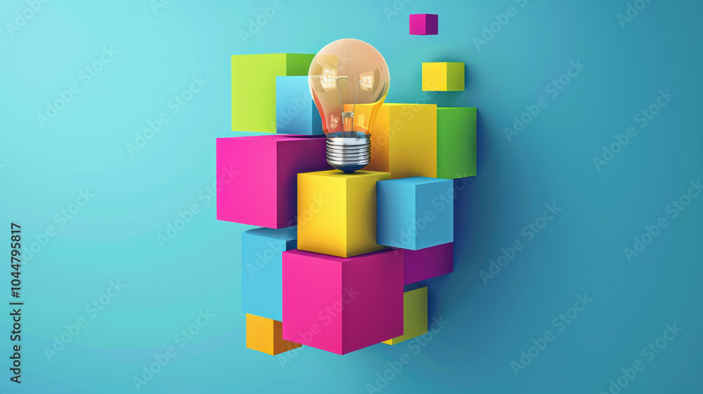 Poster creative business idea presented in colorful blocks with light bulb symbolizing innovation and inspi