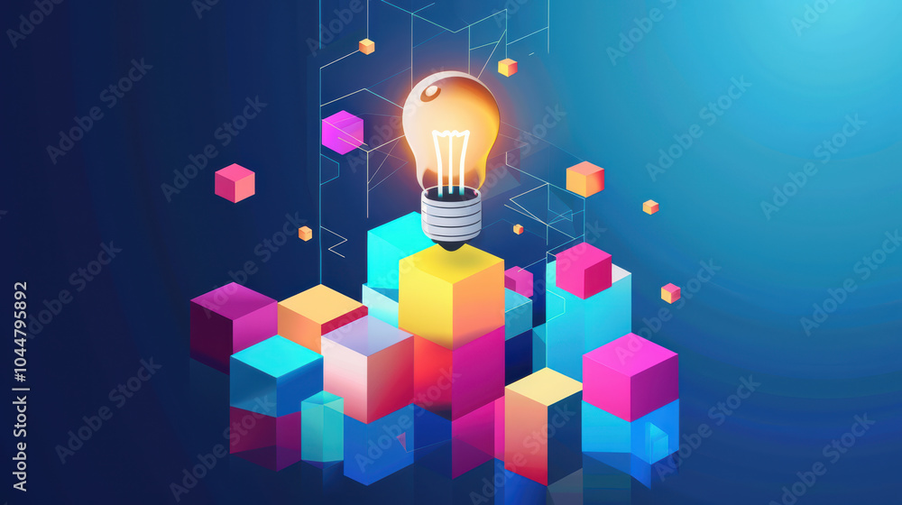 Poster creative business idea presented in colorful block style with light bulb symbolizing innovation and 