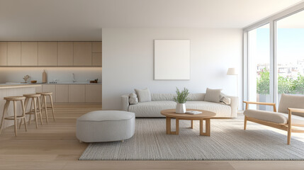A modern living room featuring light color palette, minimalist furniture, and large windows that invite natural light. cozy atmosphere is enhanced by soft rug and stylish decor