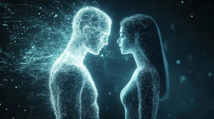 A digital couple stands close, illuminated by neural networks, representing the integration of human connection, emotions, and advanced technology in a futuristic world.
