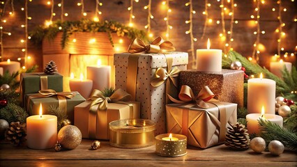Elegant Christmas Display with Lit Candles, Wrapped Gifts, Holiday Decor, Festive Atmosphere, Seasonal Decor, Cozy Christmas Setting, Warm Holiday Ambience, Soft Lighting, Gift Wrapping