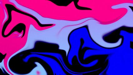 A vibrant abstract composition with bold swirls of pink, blue, black, and white, evoking fluidity, motion, and contrast in a dynamic color palette