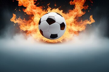 Naklejka premium intense soccer ball engulfed in fiery flames with a dramatic smoke effect