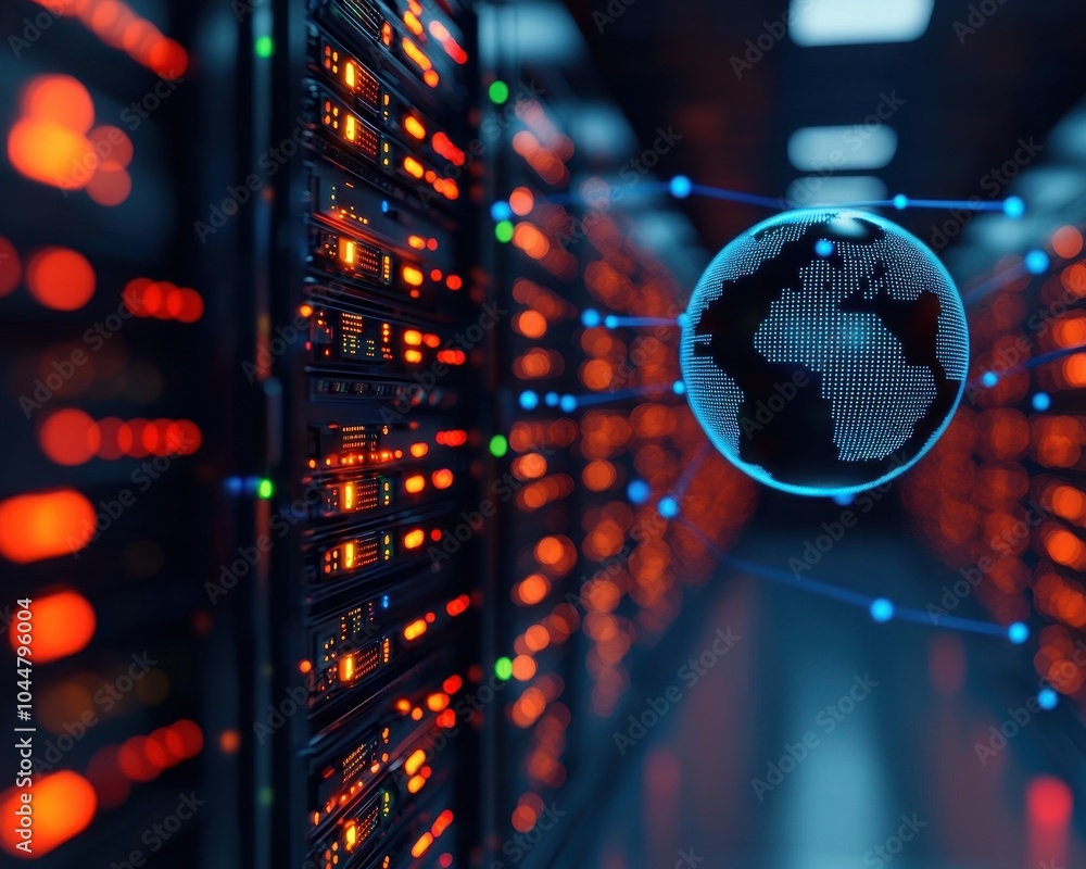 Poster digital globe visualization in a modern server room with glowing lights.