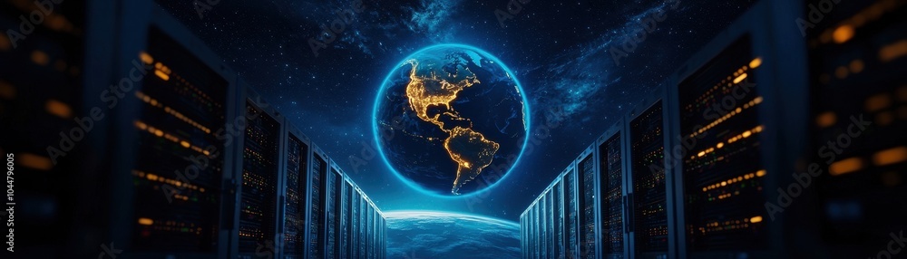 Poster digital globe surrounded by data servers, representing global connectivity.