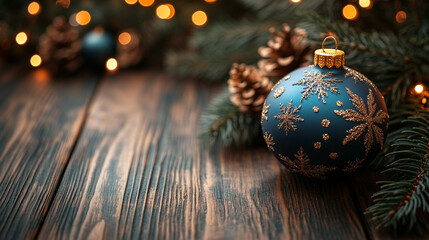 Fototapeta premium Christmas Ornament With Fir Branches And Lights against old wooden background 