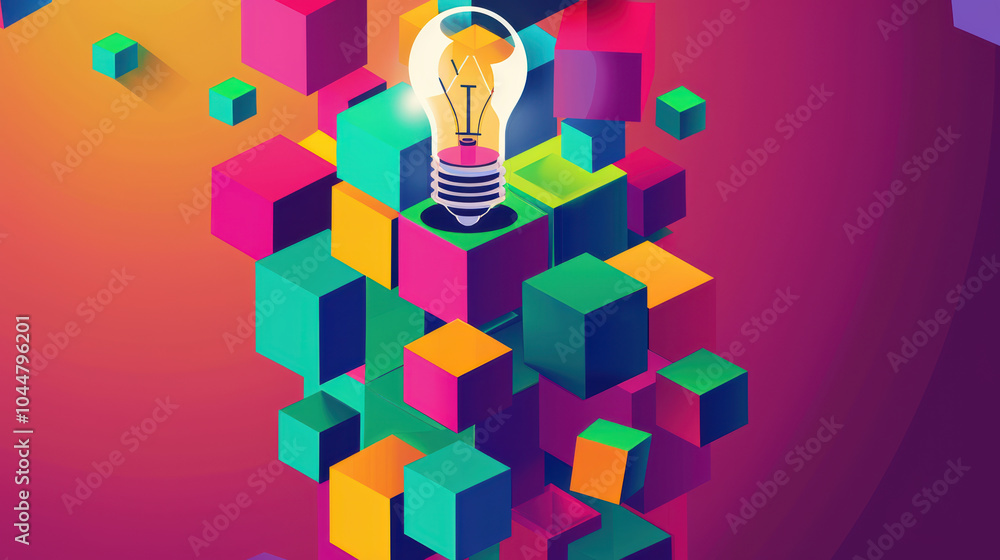Aufkleber creative business idea presented in colorful block style with light bulb symbolizing innovation and 
