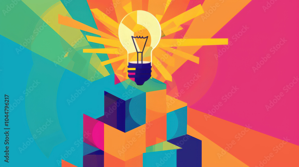 Poster creative business idea presented in colorful block style with light bulb symbolizing innovation and 