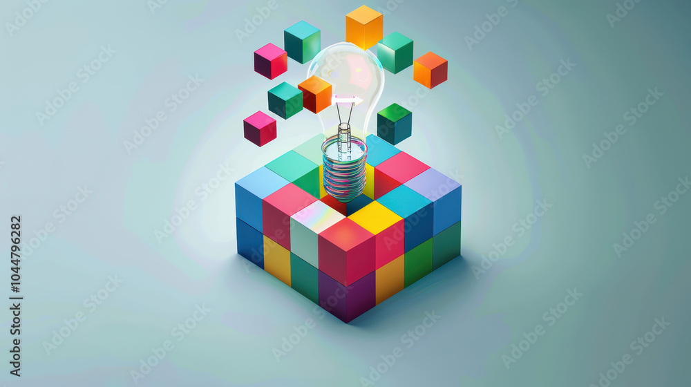 Poster creative business idea presented in colorful block style with light bulb symbolizing innovation and 