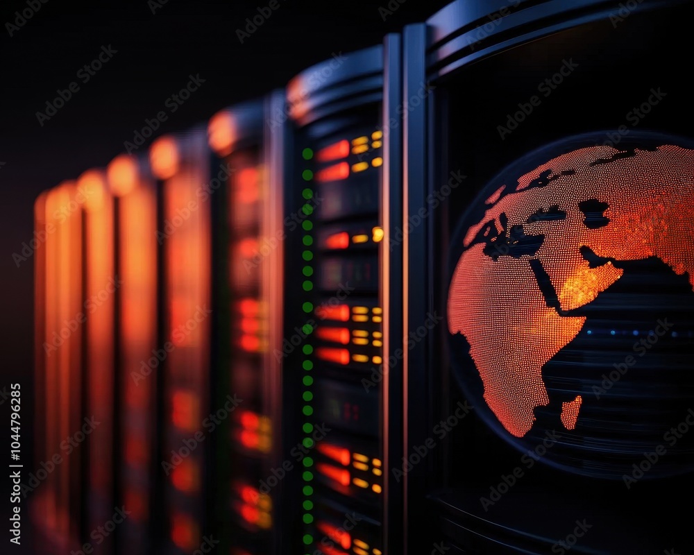 Poster data servers with glowing lights and a world map display, dark background.