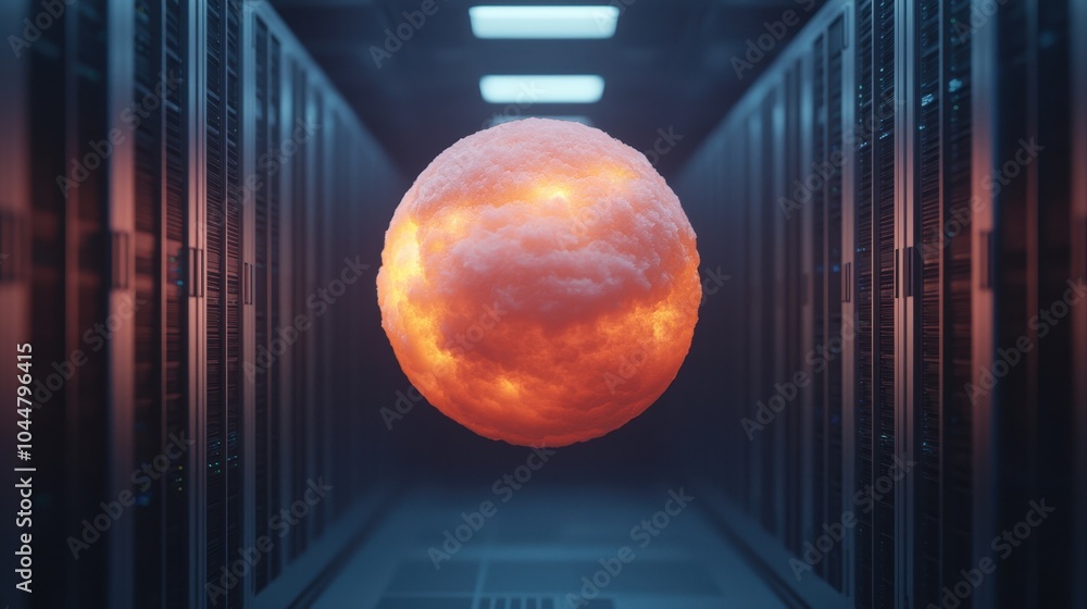 Poster conceptual glowing sphere floating in a futuristic data center environment.